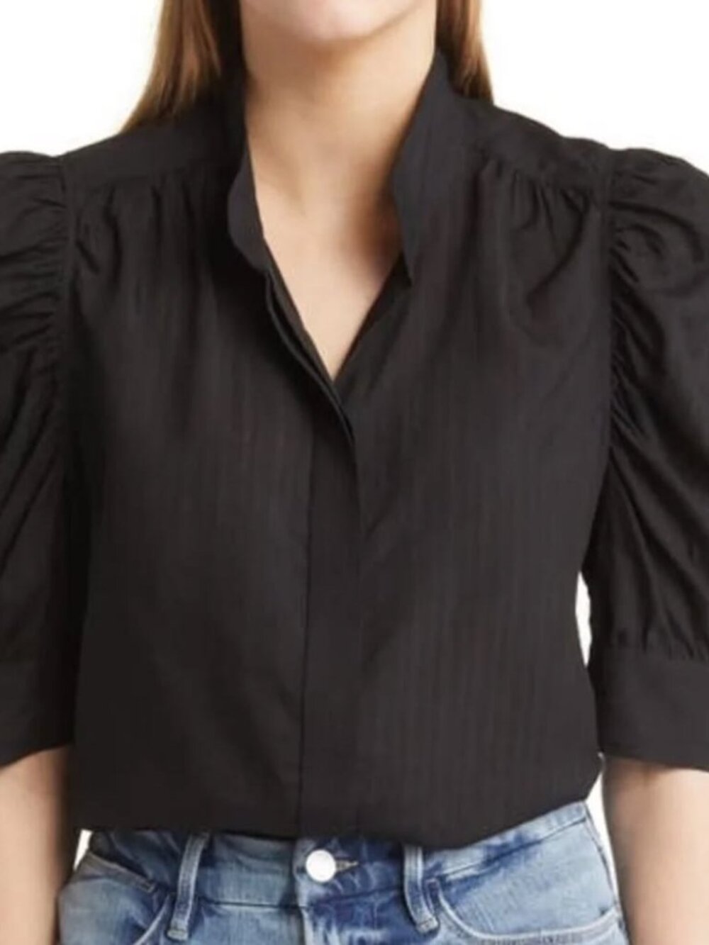 FRAME 100% Silk Black Gillian Short Puff Sleeve Button Down Top/Blouse Sz L EUC